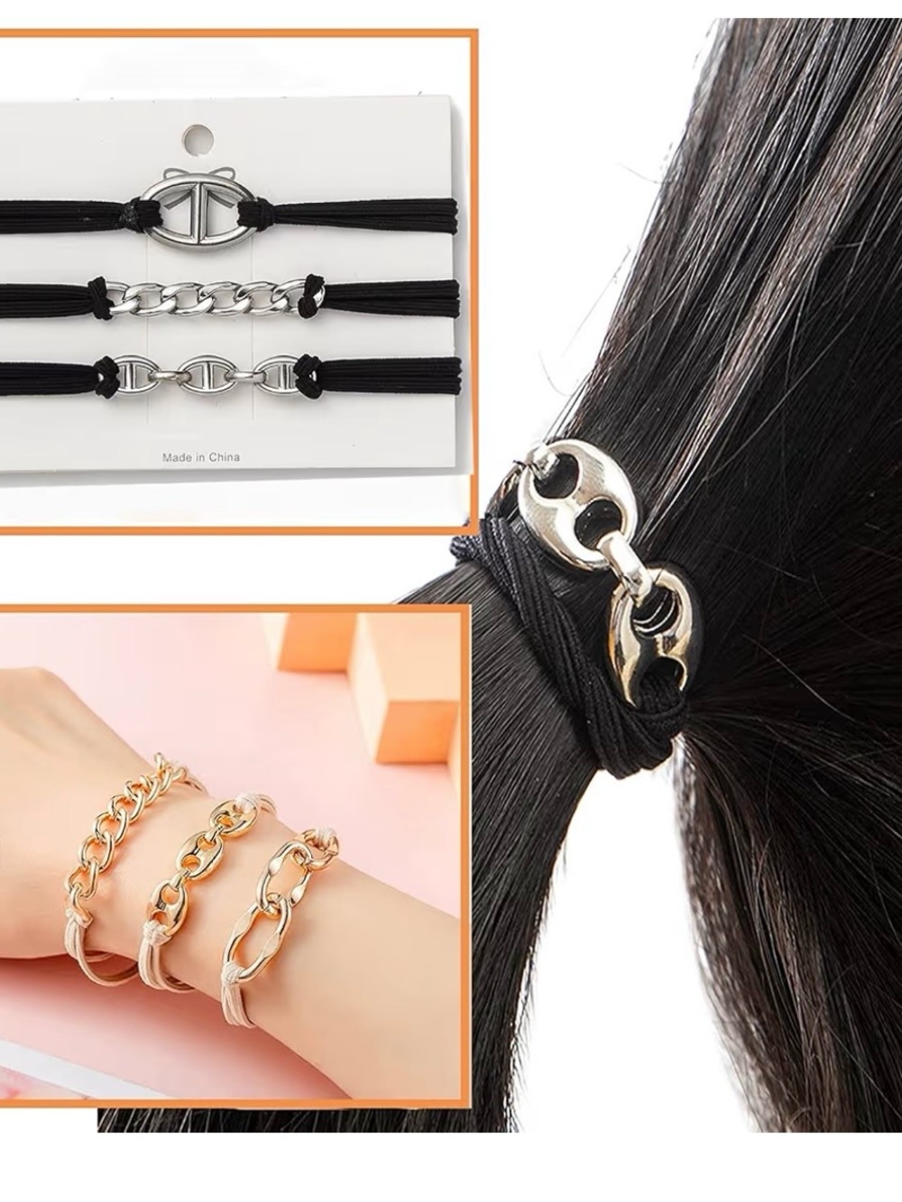 Black Elastic Hair Ties with Silver Chain Accent - 6 Total.